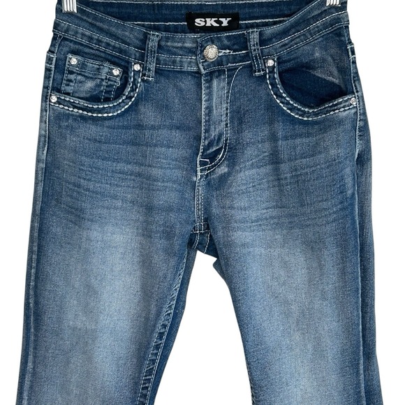 Vintage Sky Y2k Flare Jeans 7/8 Rhinestones Embroidered Indie Hipster Retro 90s - Picture 6 of 12